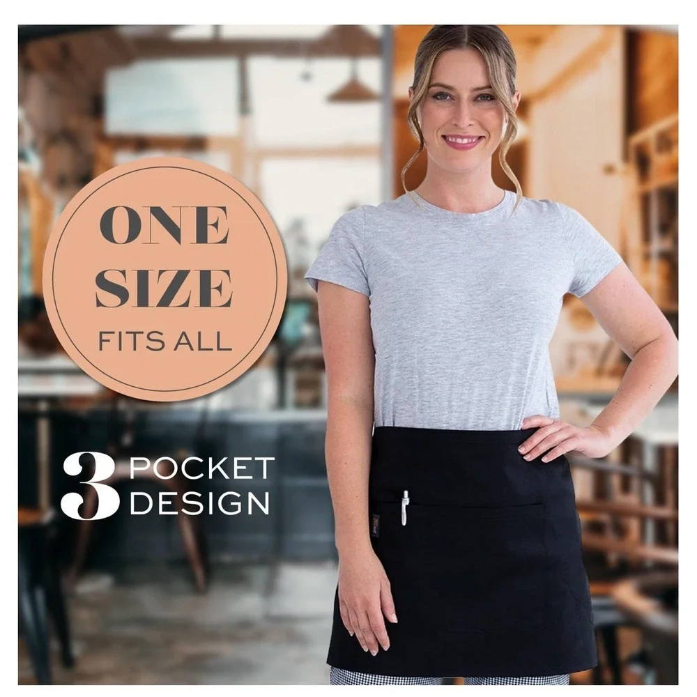 12 Pack- Wealuxe Solid Black‎ Premium Professional Waist Apron 3 Pockets